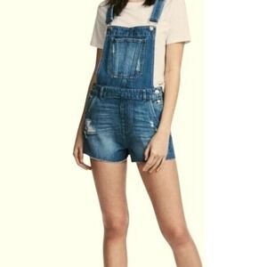 H&M Divided Y2K Size 4 Sm Distressed Denim Bib Overall Shorts Shortalls Raw Hem